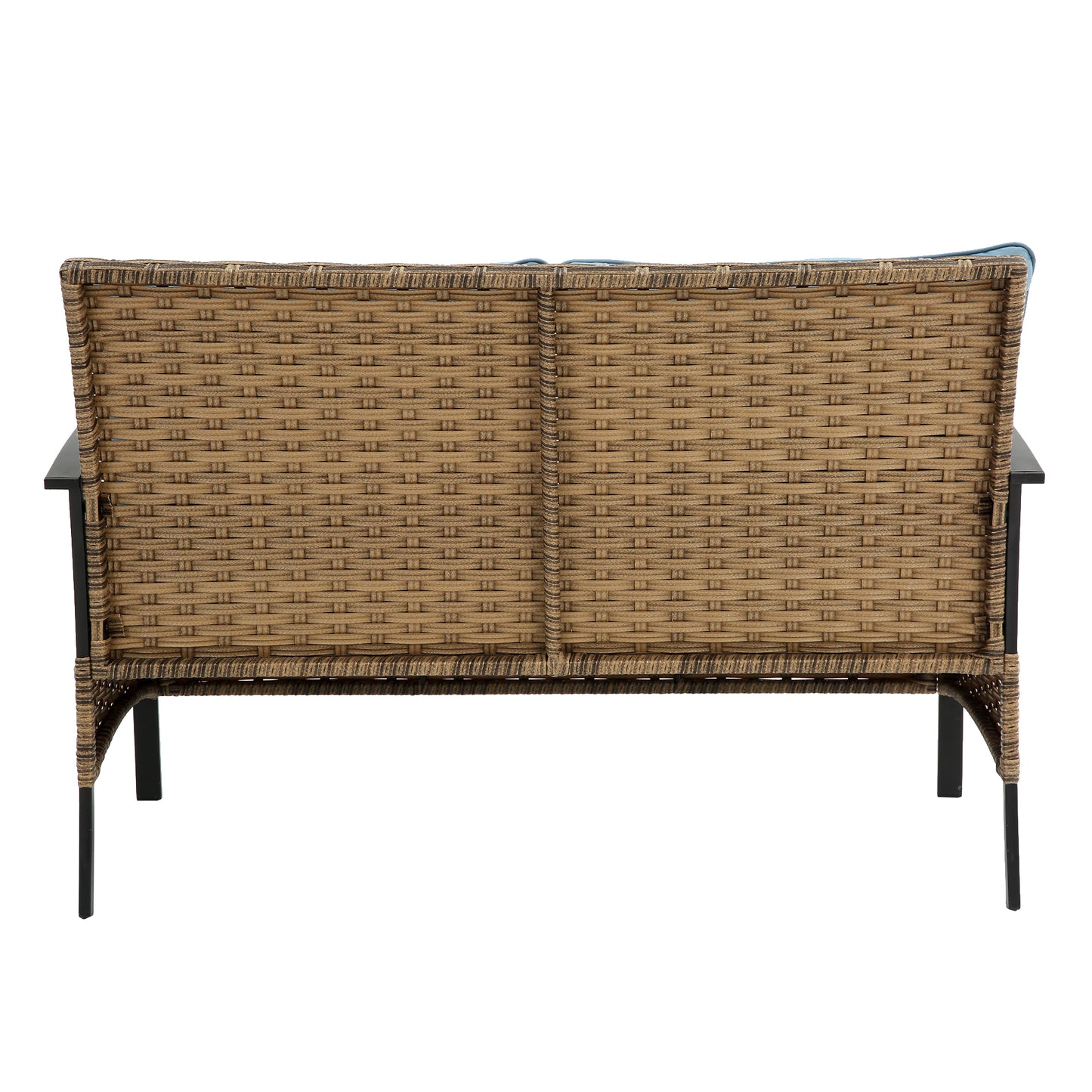 Back view of a brown rattan loveseat with black metal legs and blue cushions