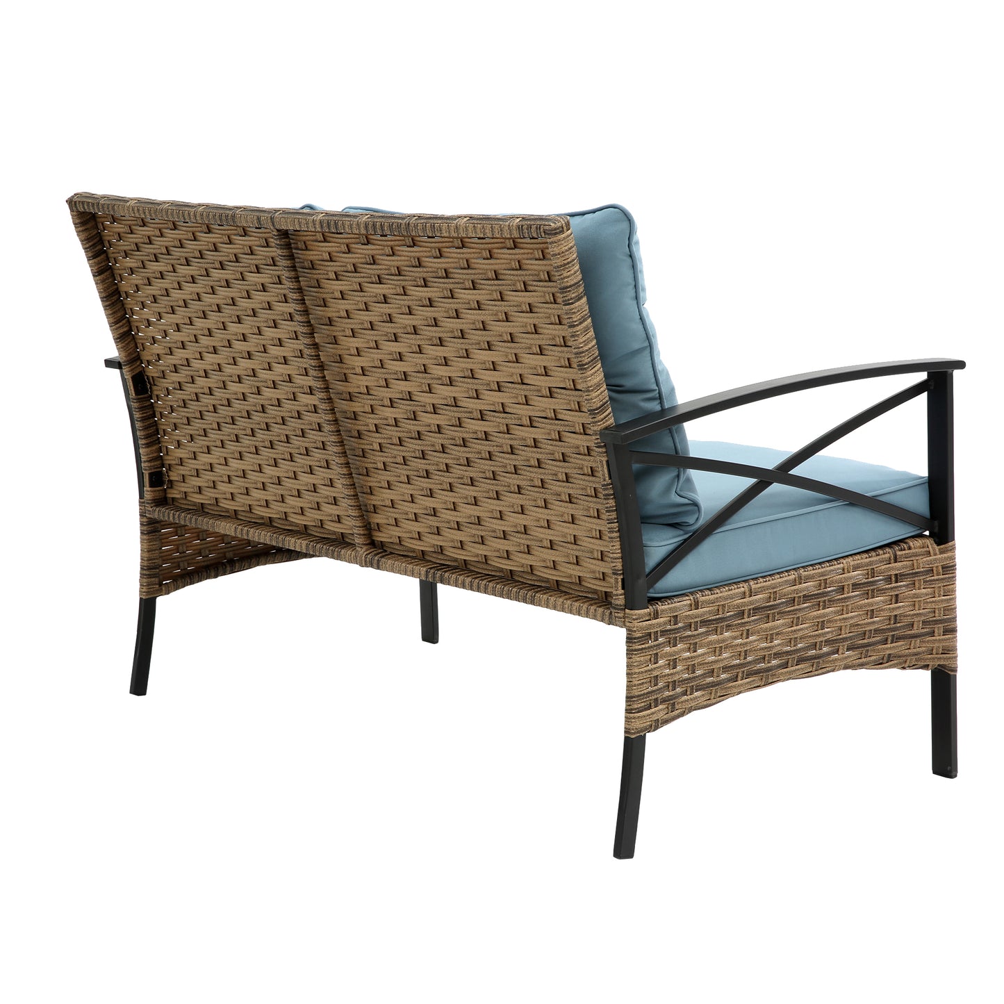 Brown wicker loveseat with blue cushions perfect for patio seating