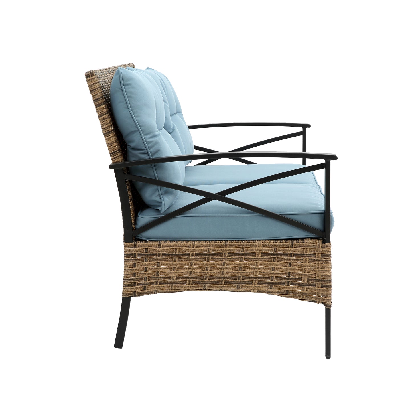Brown wicker loveseat with light blue tufted cushions and black metal frame perfect for outdoor seating