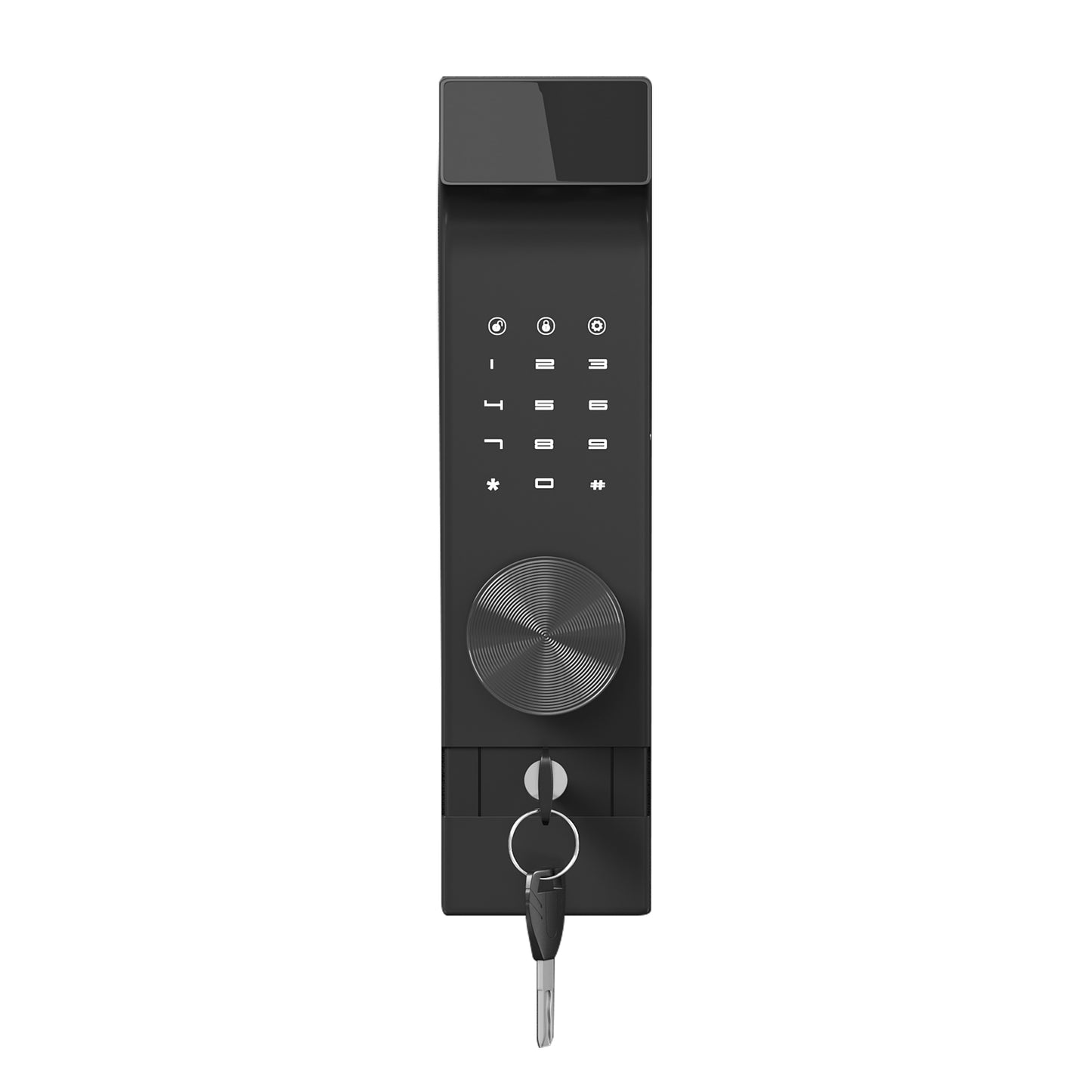 Black smart lock with keypad and integrated key cylinder characters