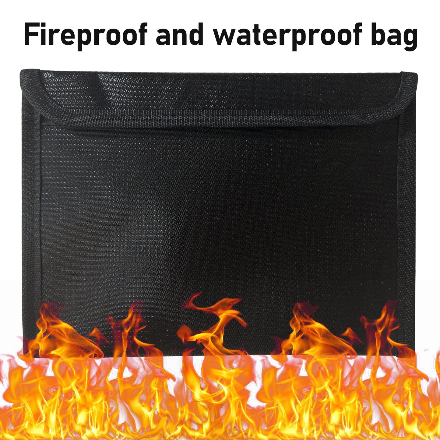 Black fireproof and waterproof document bag with textured surface and Velcro closure