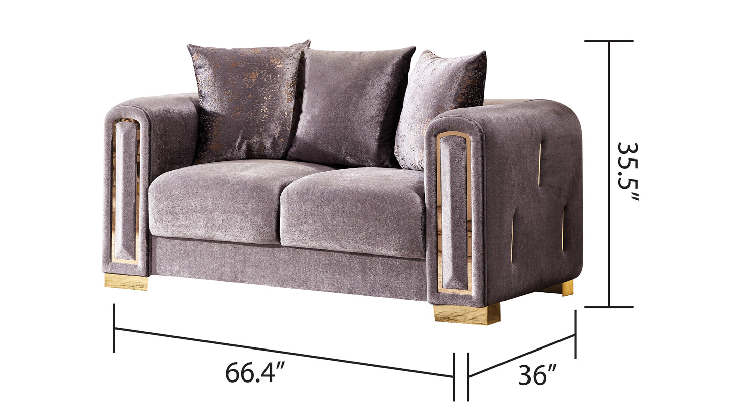Taupe velvet loveseat with gold accents and decorative pillows W x D