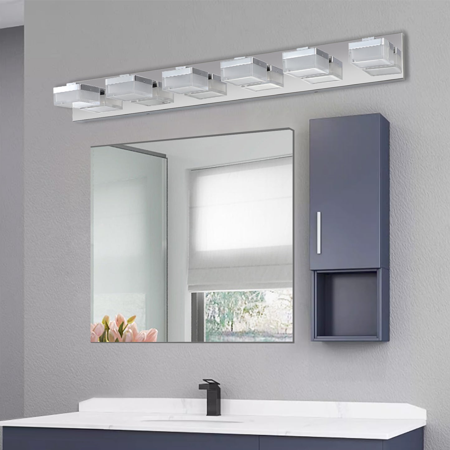Modern chrome vanity light fixture with six frosted glass cube shades for bathroom illumination