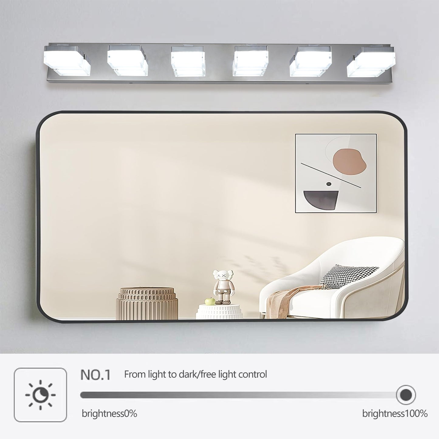 Modern vanity light bar with six frosted glass cube shades and brushed nickel finish for bathroom illumination