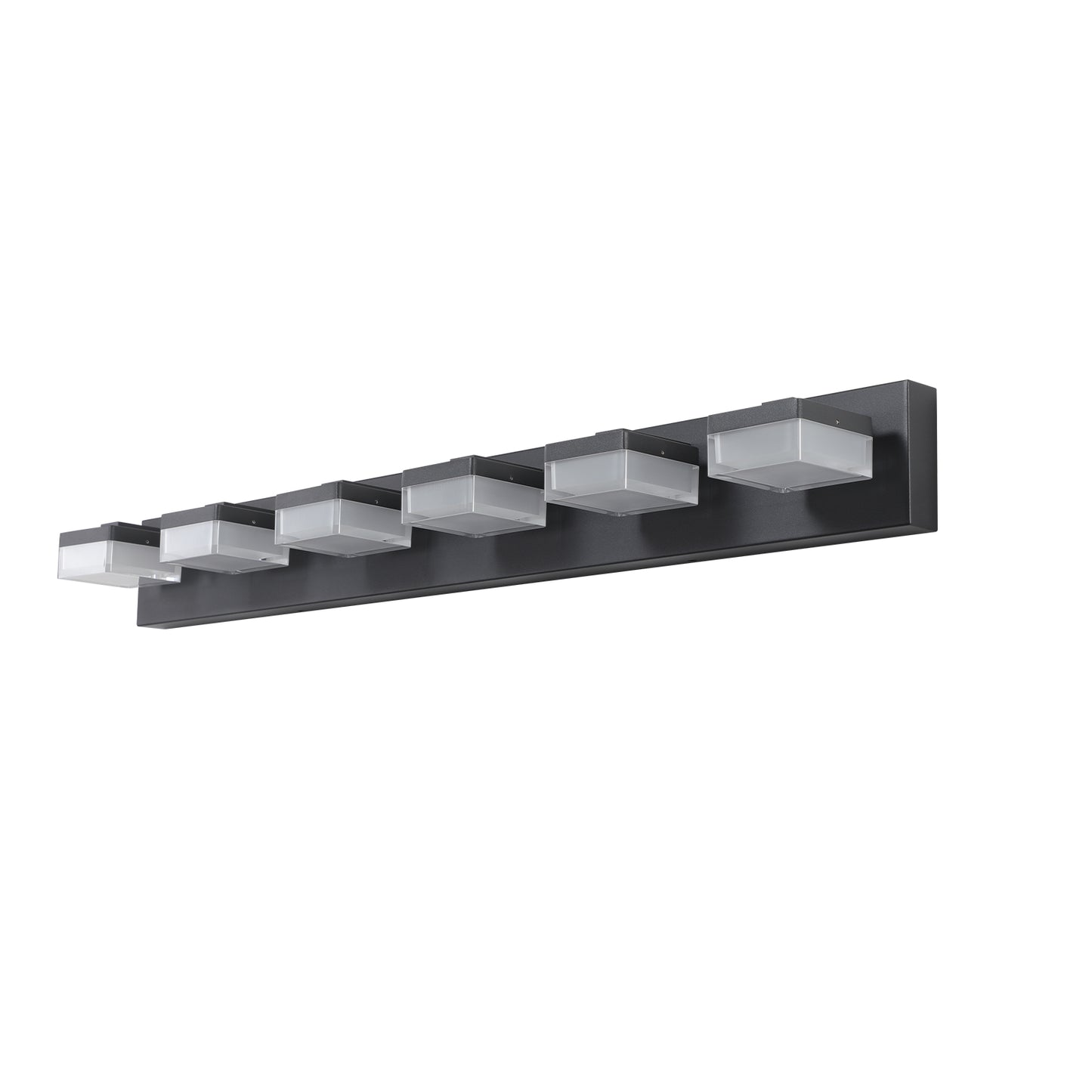 Modern fivelight vanity light with frosted glass cube shades and a dark metal base