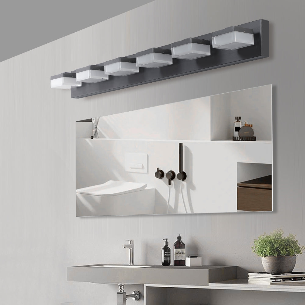 Modern light linear bathroom vanity light fixture in dark gray with frosted glass shades
