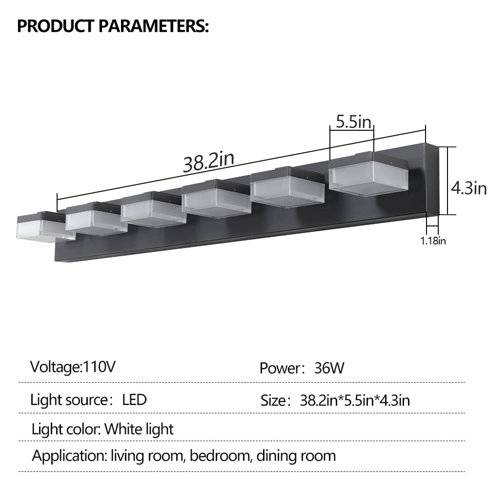 in black LED vanity light fixture with five frosted square shades