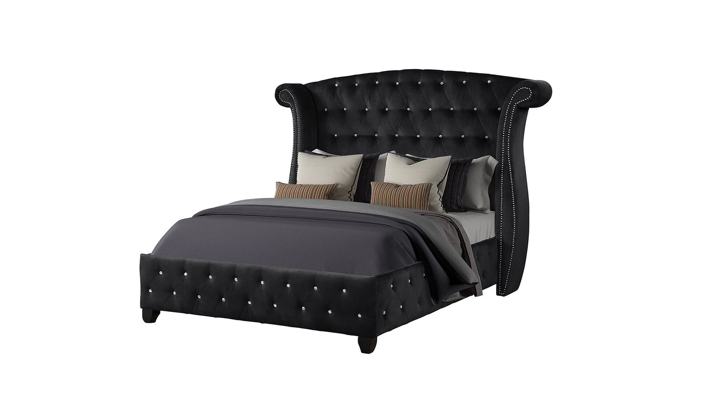 Black velvet tufted wingback bed with crystal accents and plush bedding queen size for elegant bedrooms