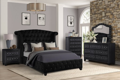 Black tufted wingback bed frame with crystal accents part of a luxury bedroom set