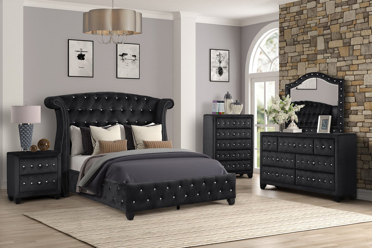 Black velvet tufted king bed with crystal accents perfect for a glamorous bedroom