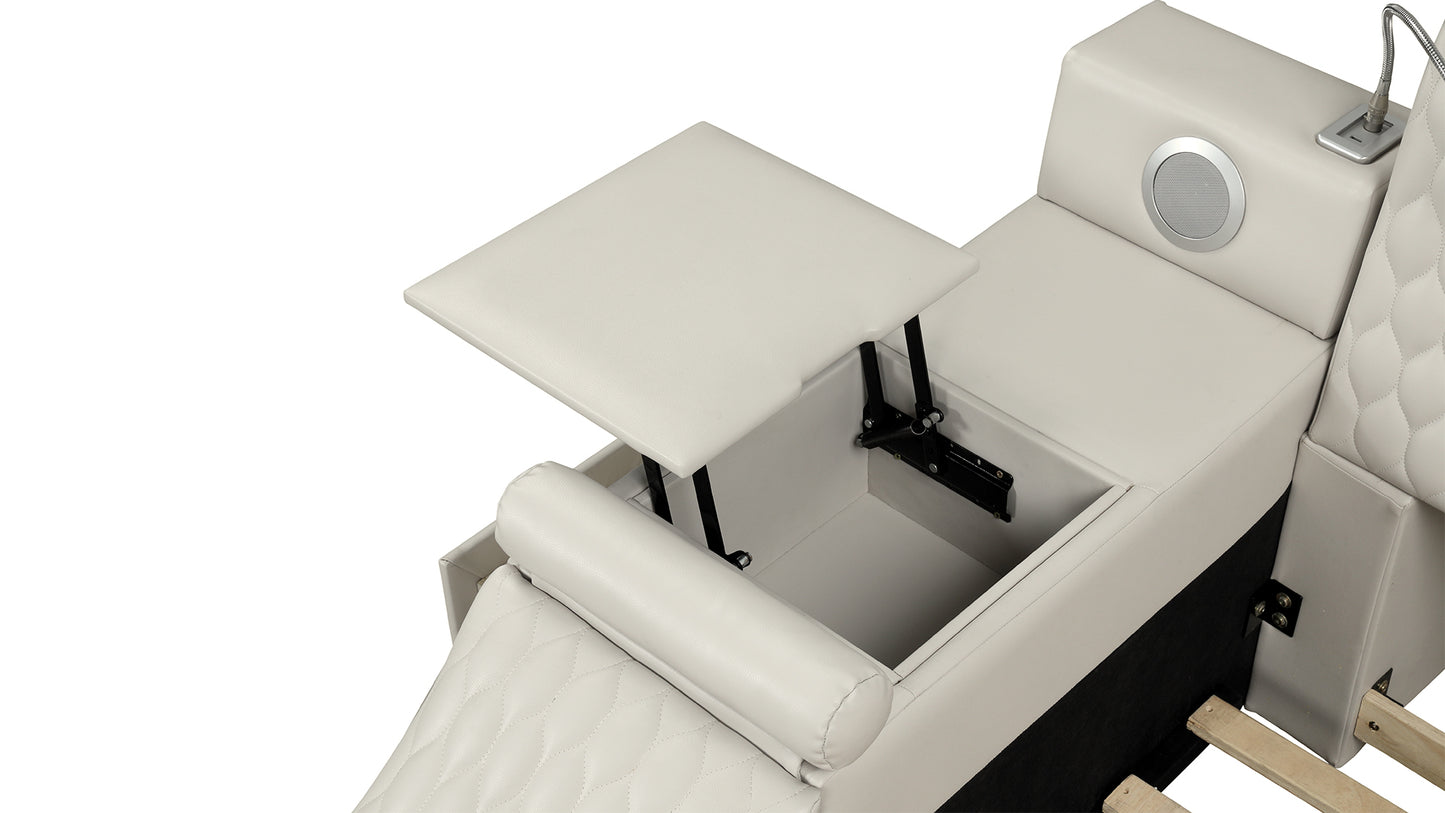 White leather bed frame with liftup storage and integrated Bluetooth speaker for modern bedrooms