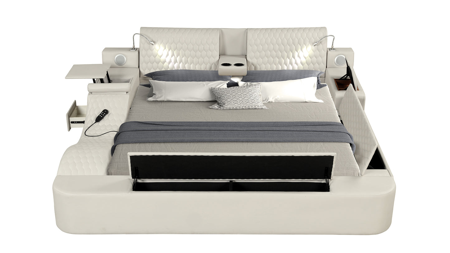 Luxury white leather bed with builtin speakers reading lights and storage