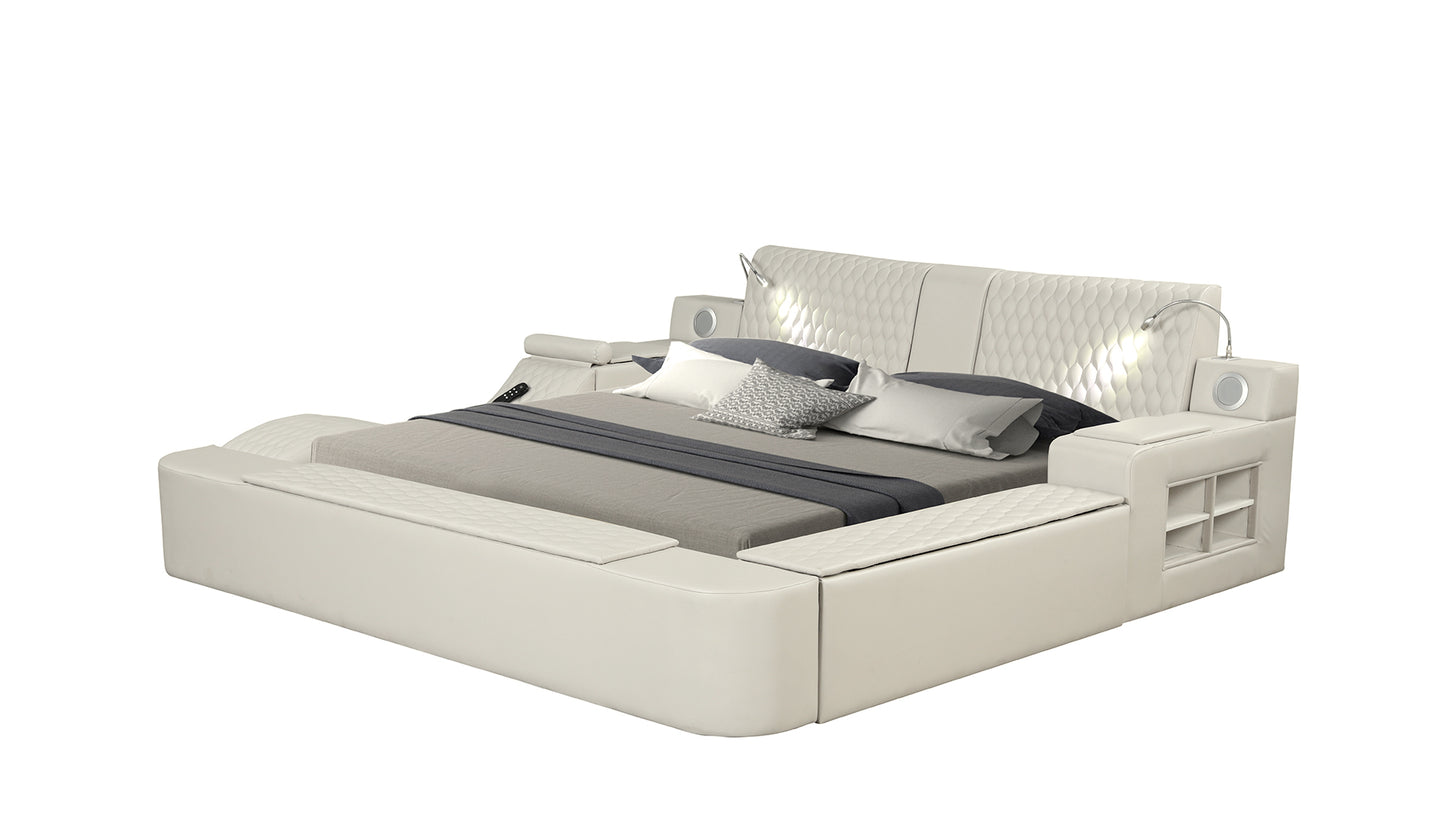 Modern white leather bed with builtin speakers and reading lamps