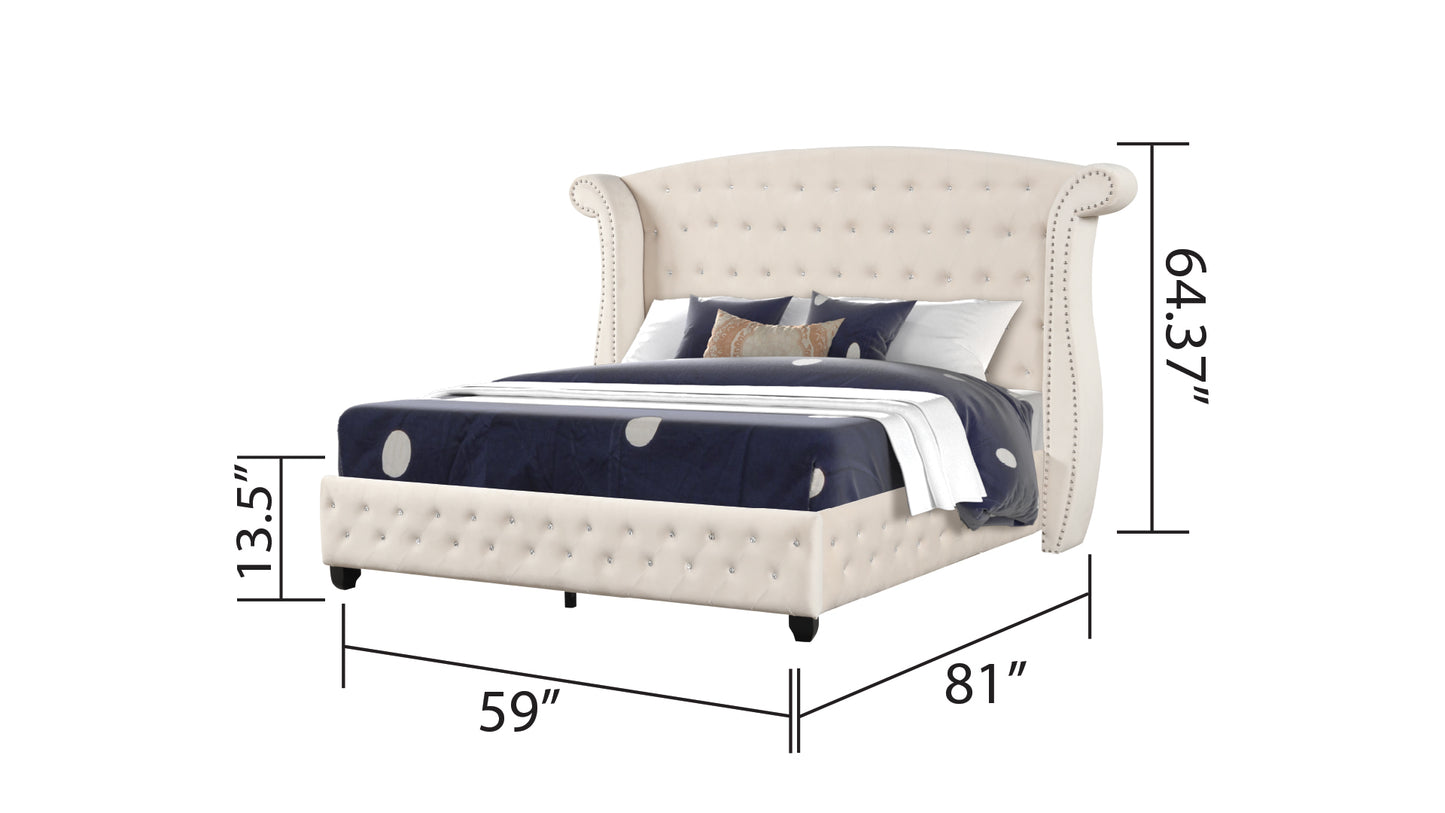 Elegant cream velvet tufted wingback bed with diamond accents queen size