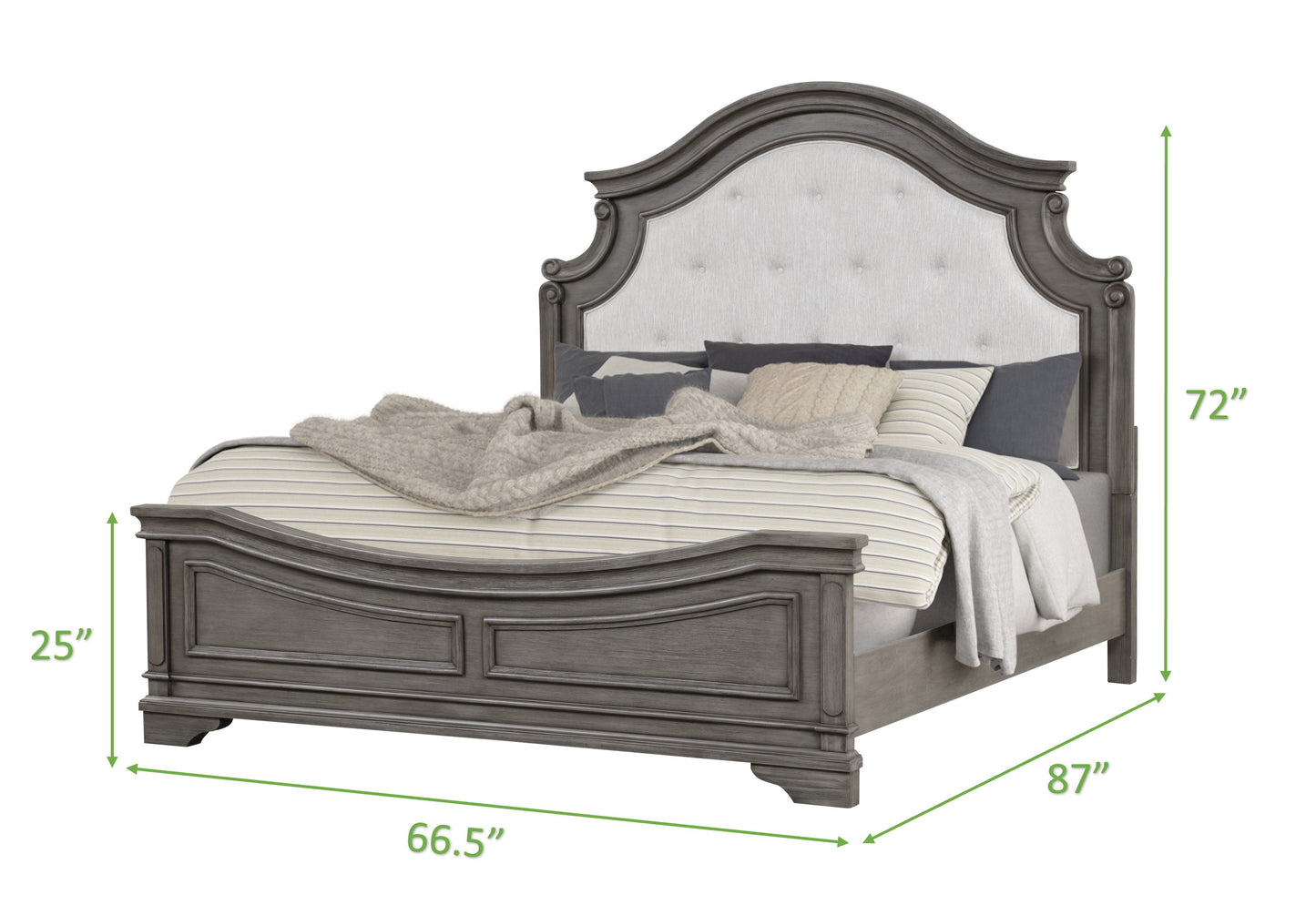 Ornate grey wood queen bed frame with upholstered tufted headboard