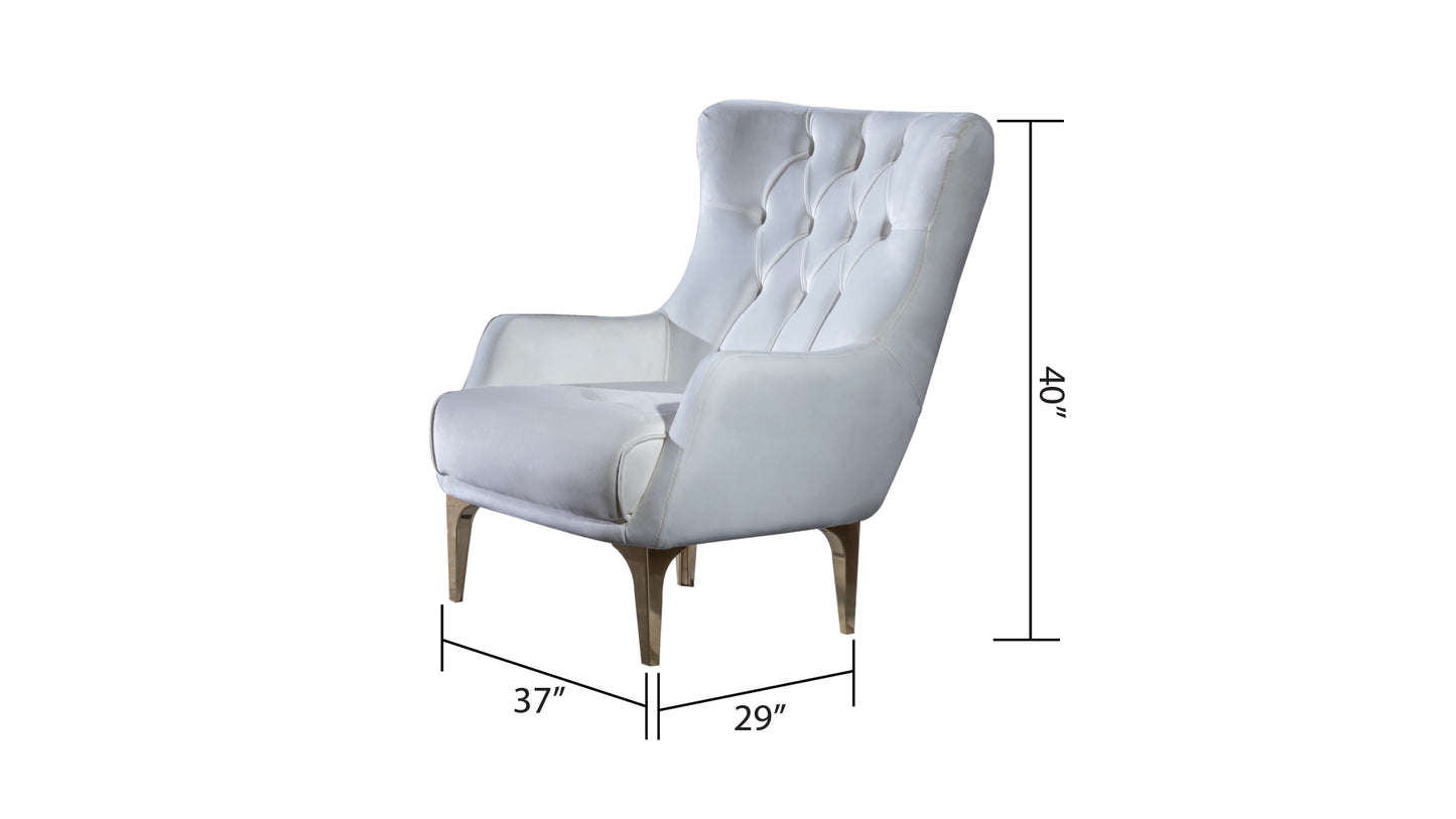 Elegant white accent chair with button tufting plush upholstery and tapered wooden legs for living rooms