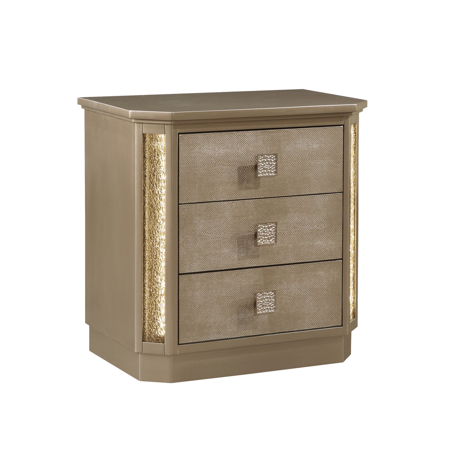 Champagne gold textured nightstand with three drawers and mirrored crystal knobs