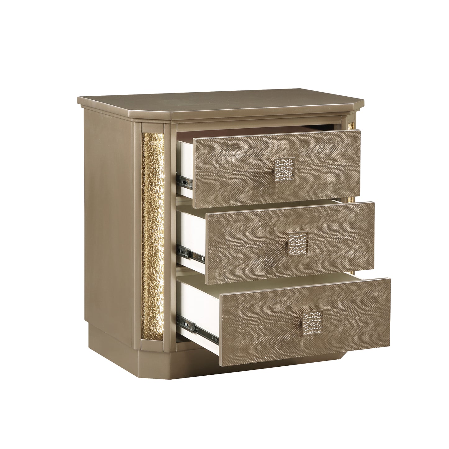Champagnefinished drawer nightstand with textured fronts and jeweled knobs