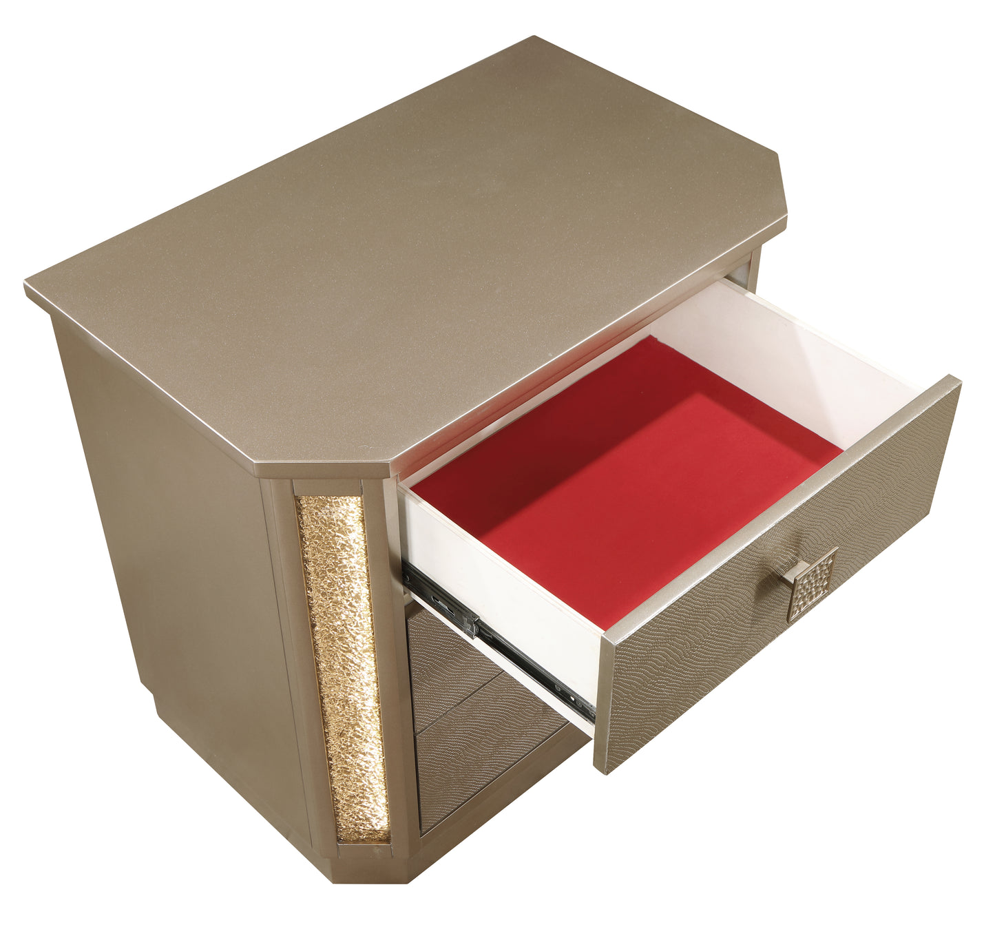 Champagne nightstand with textured drawer front and ornate pull