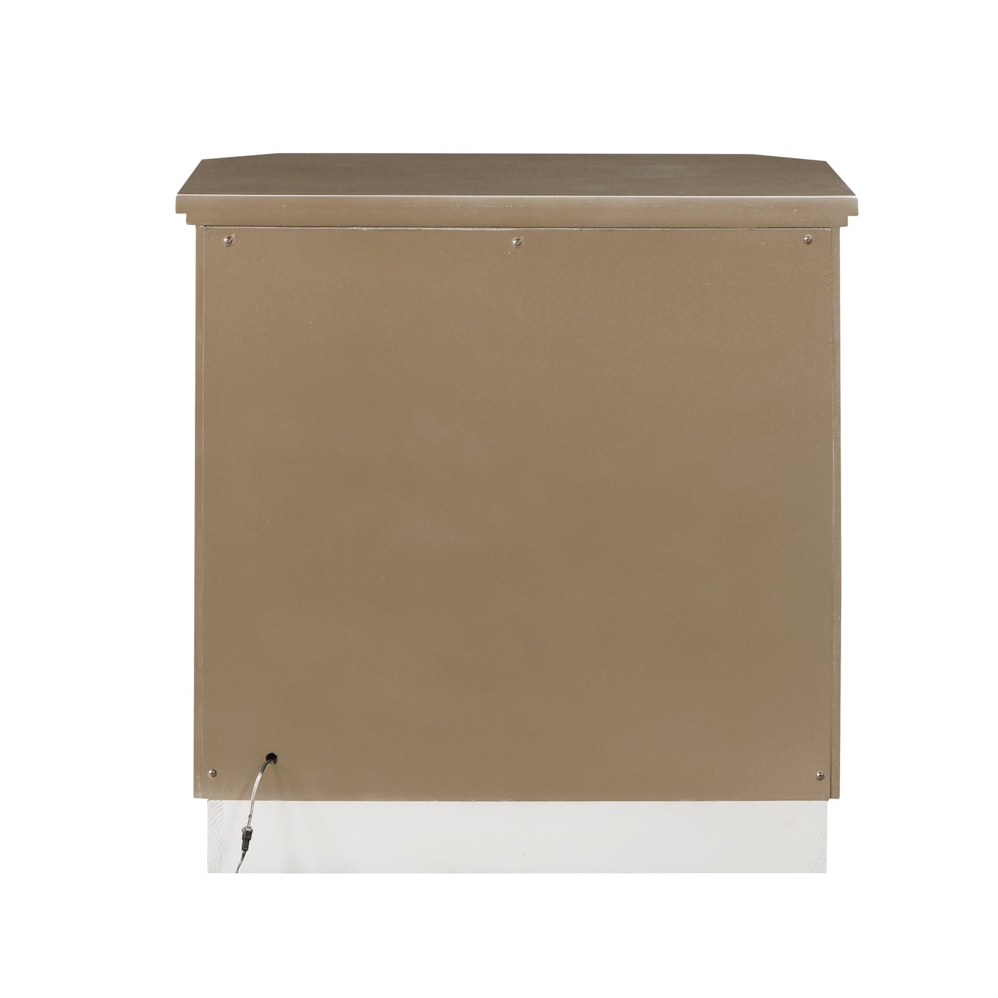 Taupe metal storage cabinet with a white base and visible power cord