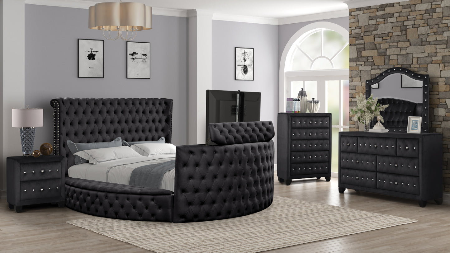 Luxurious black velvet tufted round bed frame with crystal accents for a glamorous bedroom