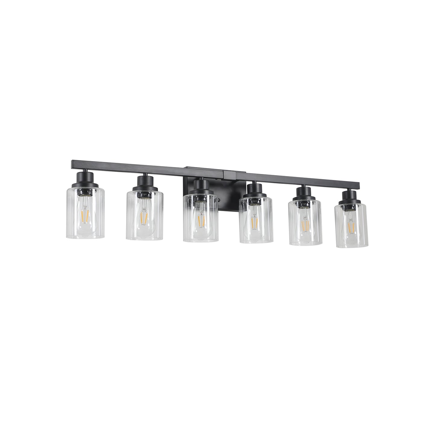 Black fivelight vanity light fixture with clear glass shades and Edison bulbs