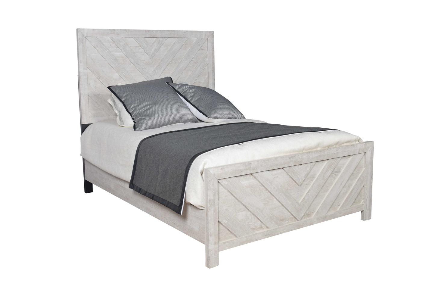 Light oak queen bed frame with chevron headboard and footboard detail