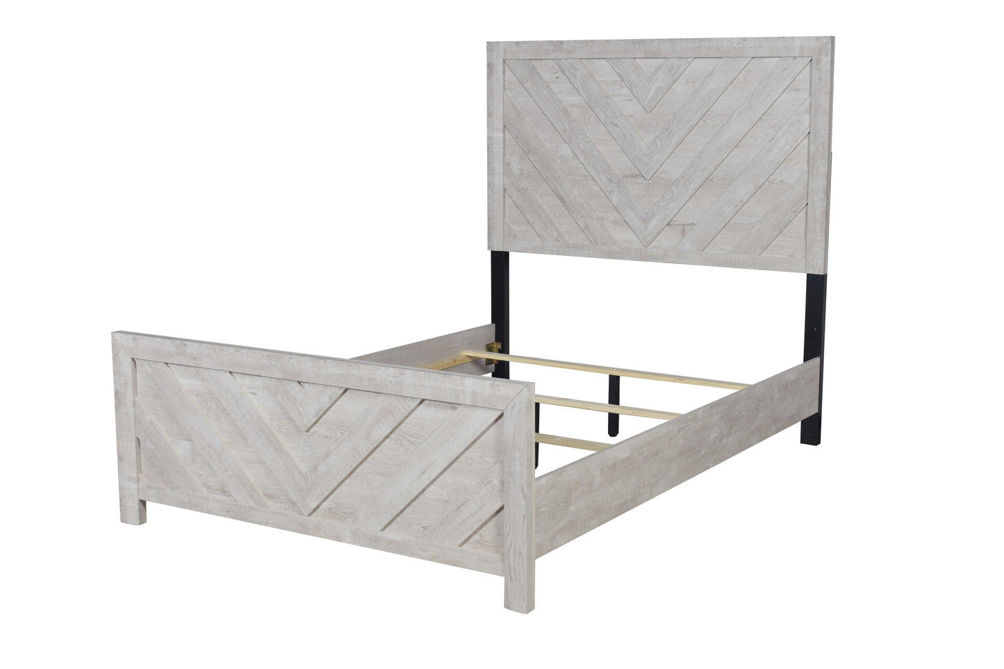 Distressed white wood king bed frame with chevron headboard design