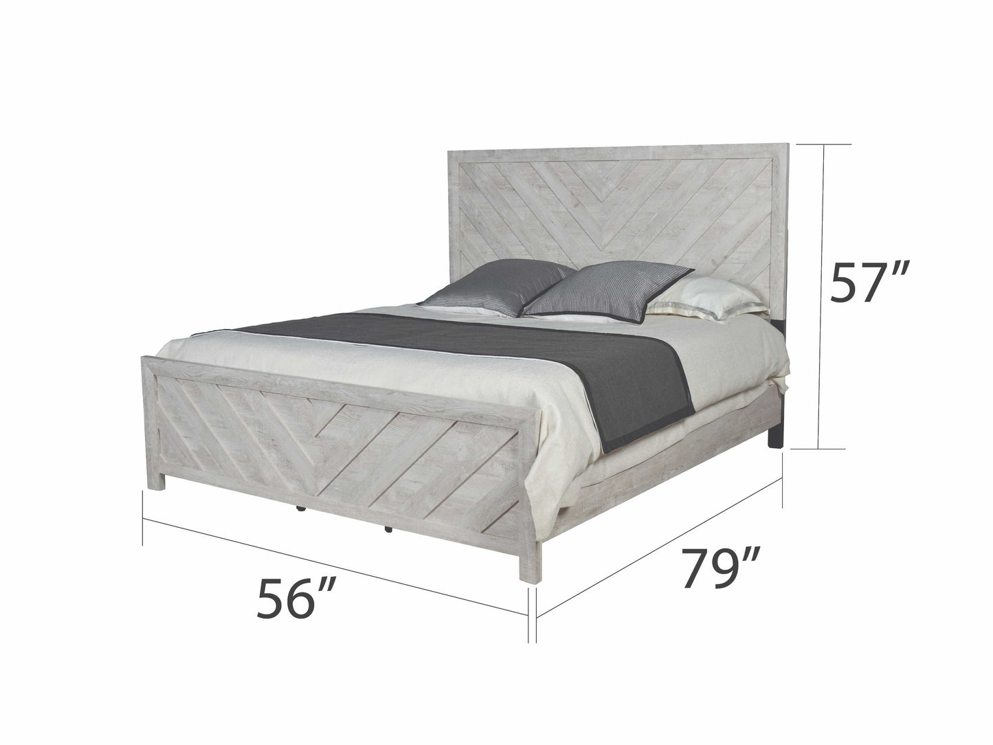 Rustic whitewashed wood queen bed frame with chevron headboard detail