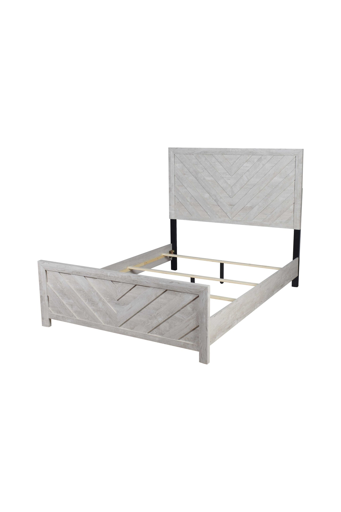 White washed wood platform bed frame with chevron headboard and footboard detail