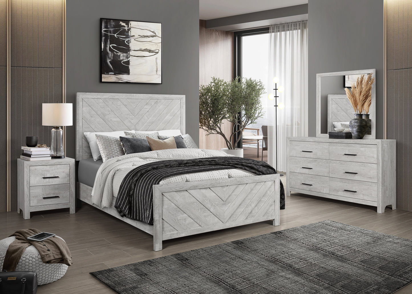 Whitewashed wood king bed frame with chevron headboard ideal for modern bedrooms