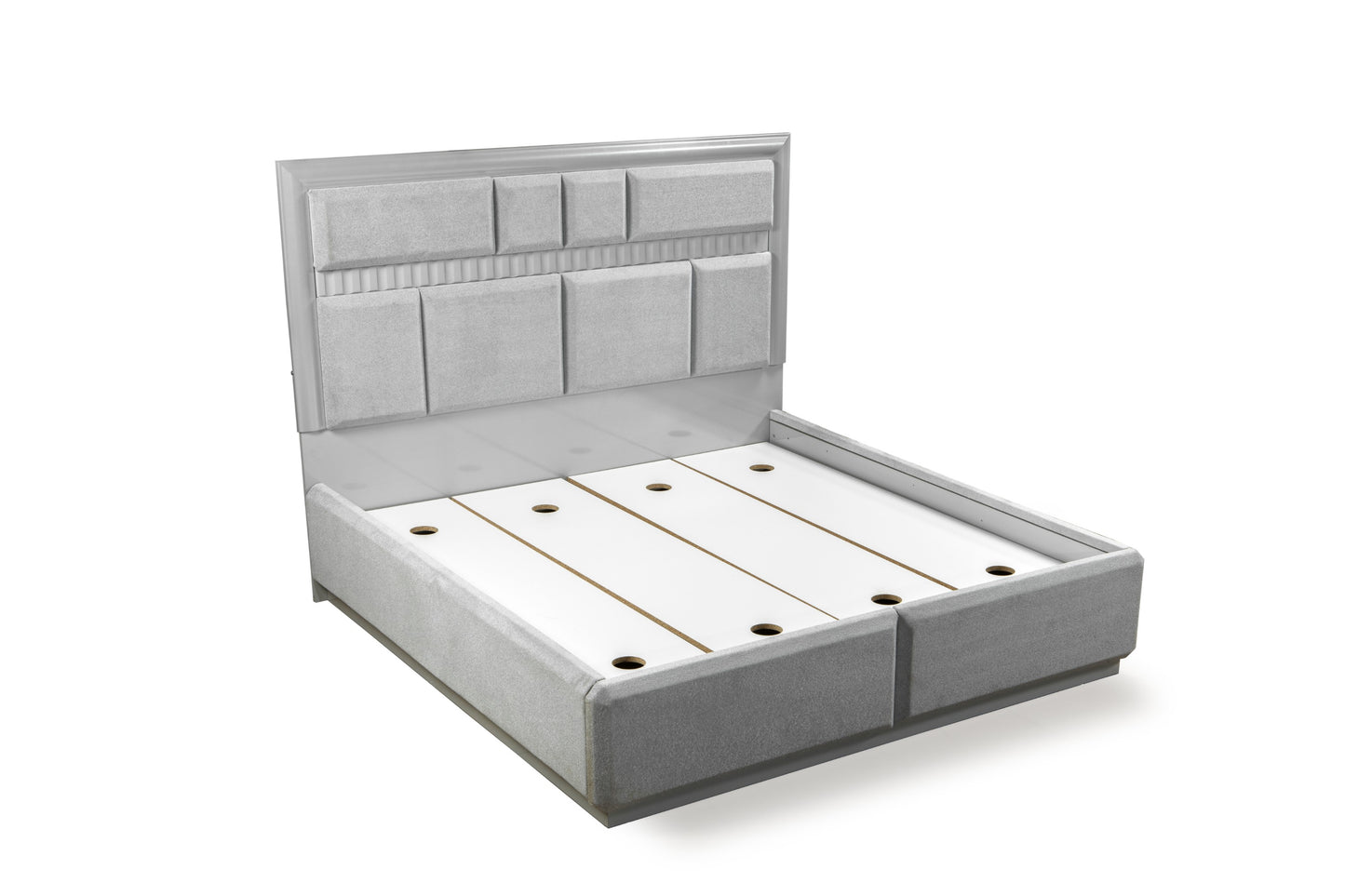Modern grey fabric bed frame with upholstered tufted headboard and slatted base