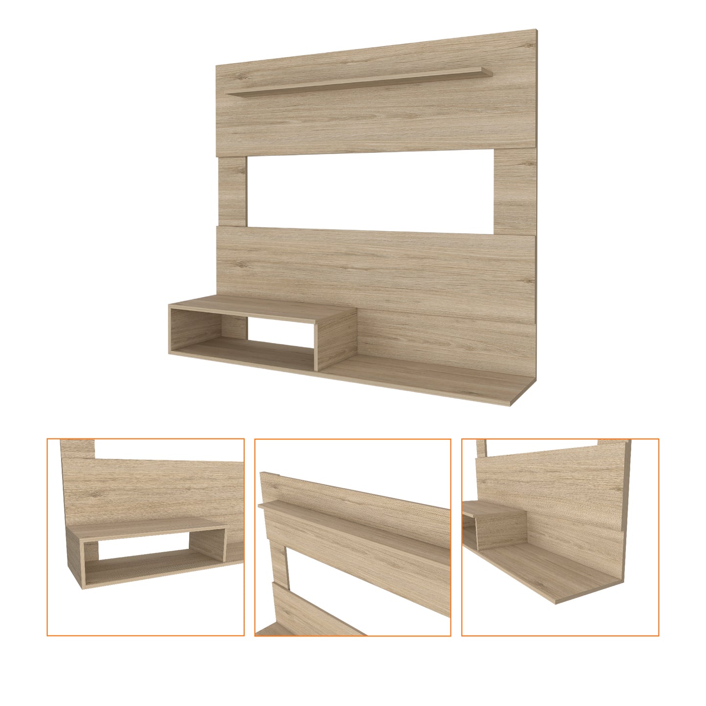 Light oak modern TV stand with floating shelf and cubby storage