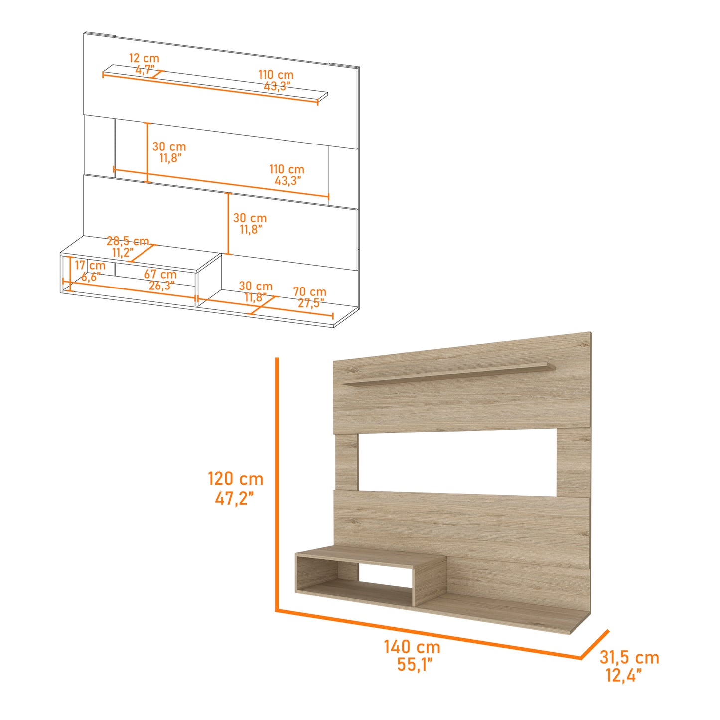 Line drawing of a modern wallmounted TV stand with dimensions and compartments