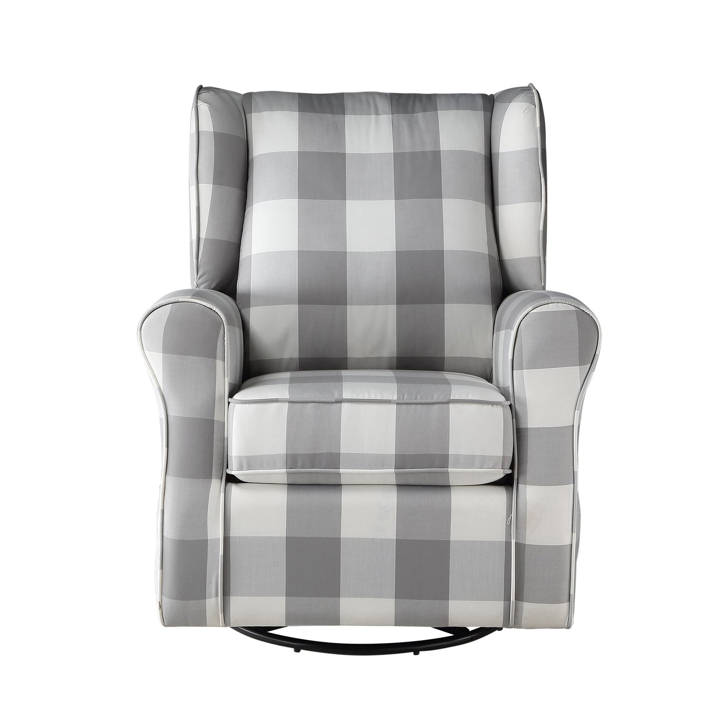 Gray buffalo check glider chair with padded seat and arms