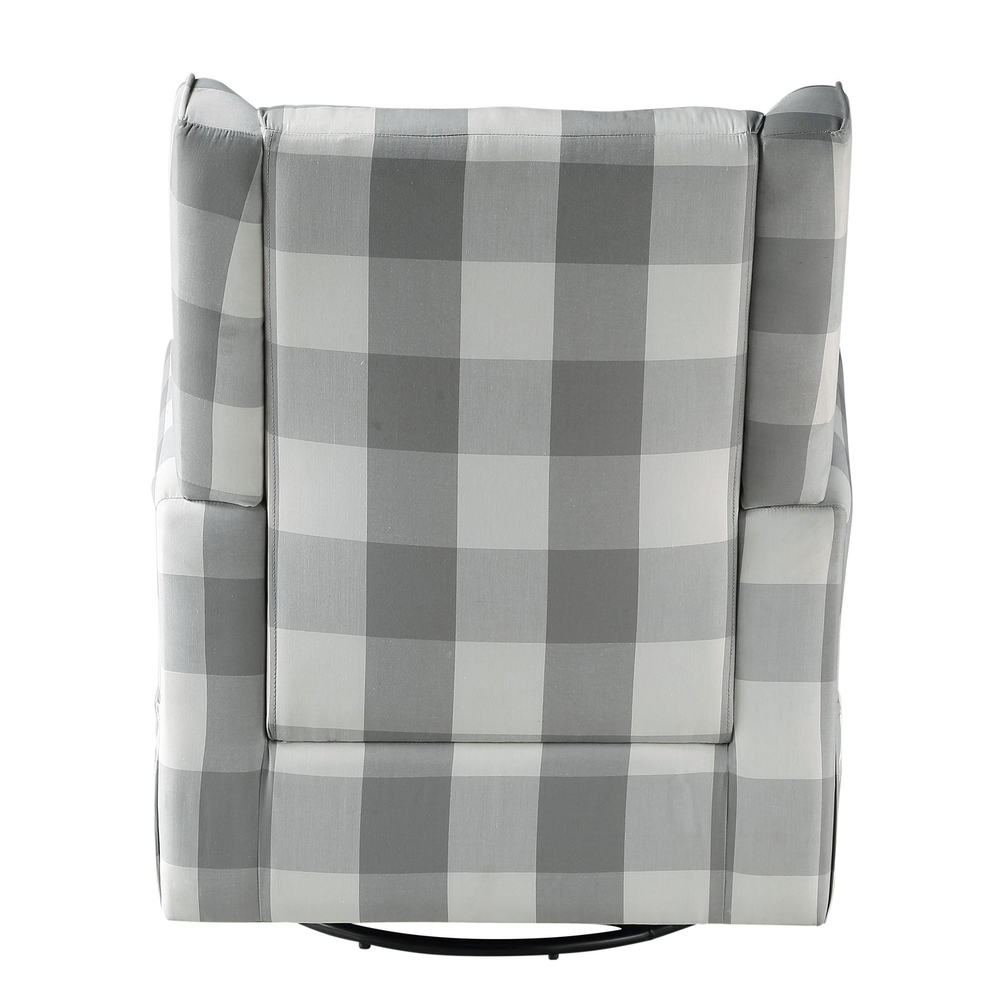 Top view of a grey and white buffalo check fabric swivel recliner chair
