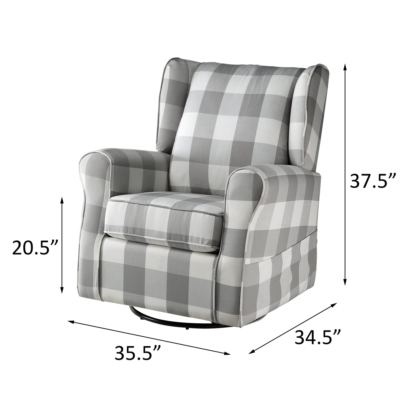 Gray buffalo check swivel glider recliner chair with padded arms