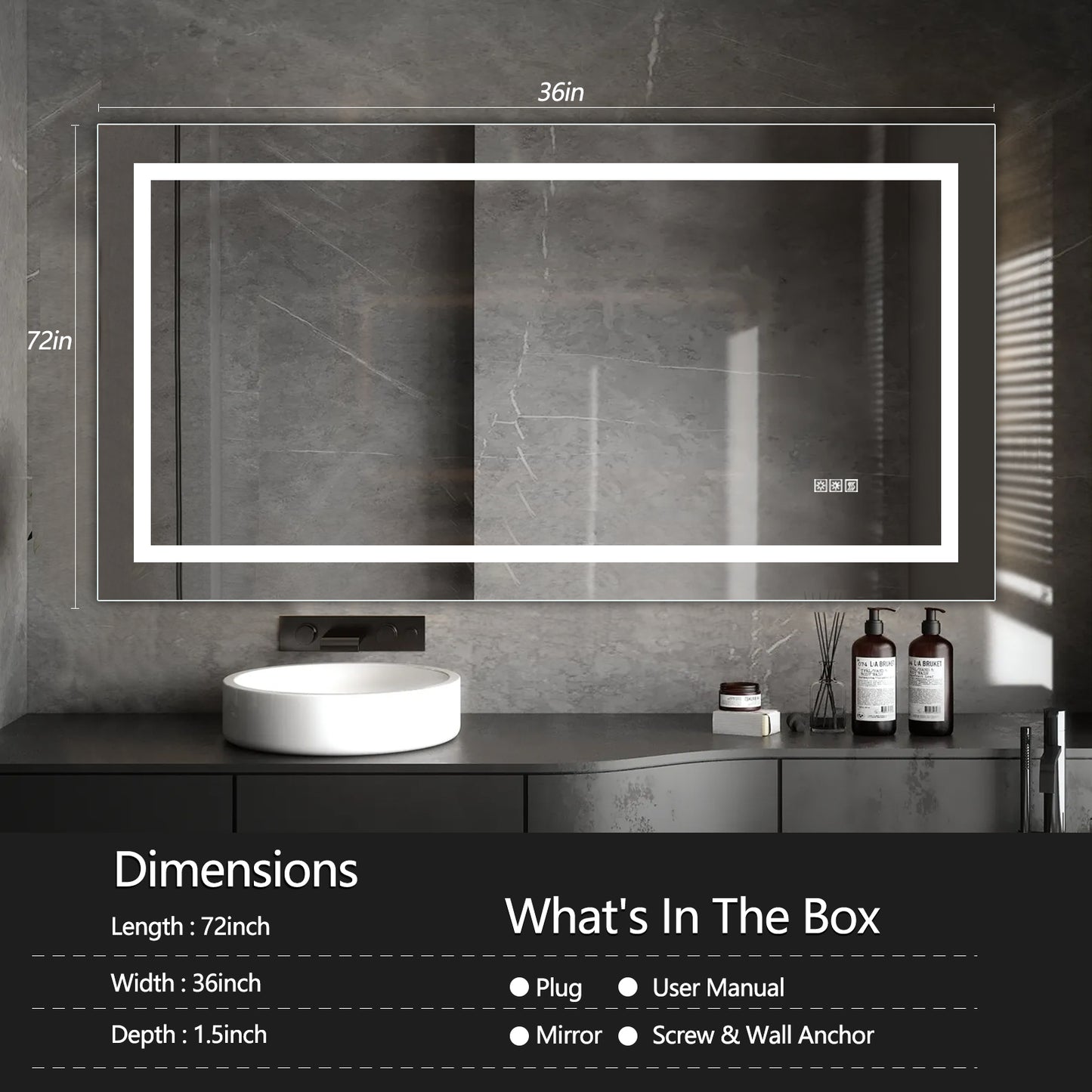 Illuminated inch bathroom mirror with touch controls ideal for modern vanities