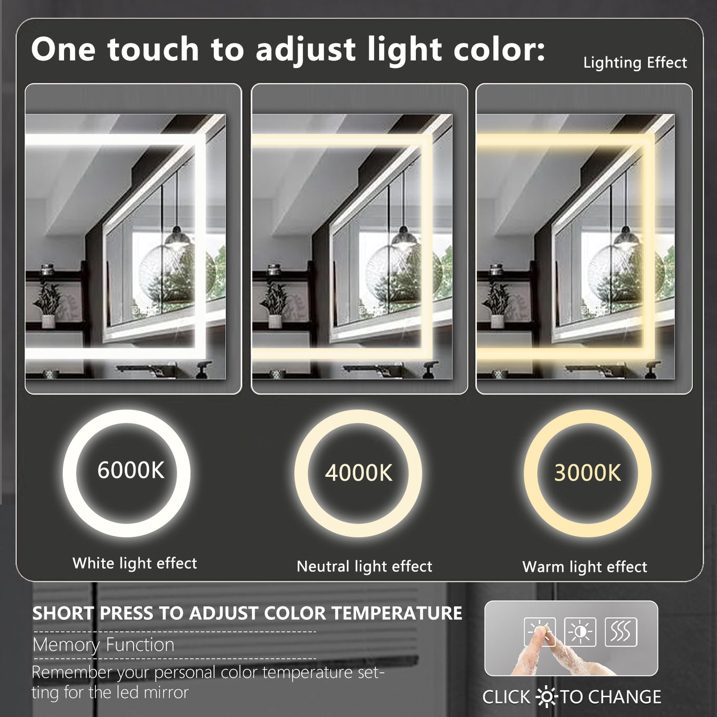 Rectangular vanity mirror with integrated LED lighting displaying cool white K light effect