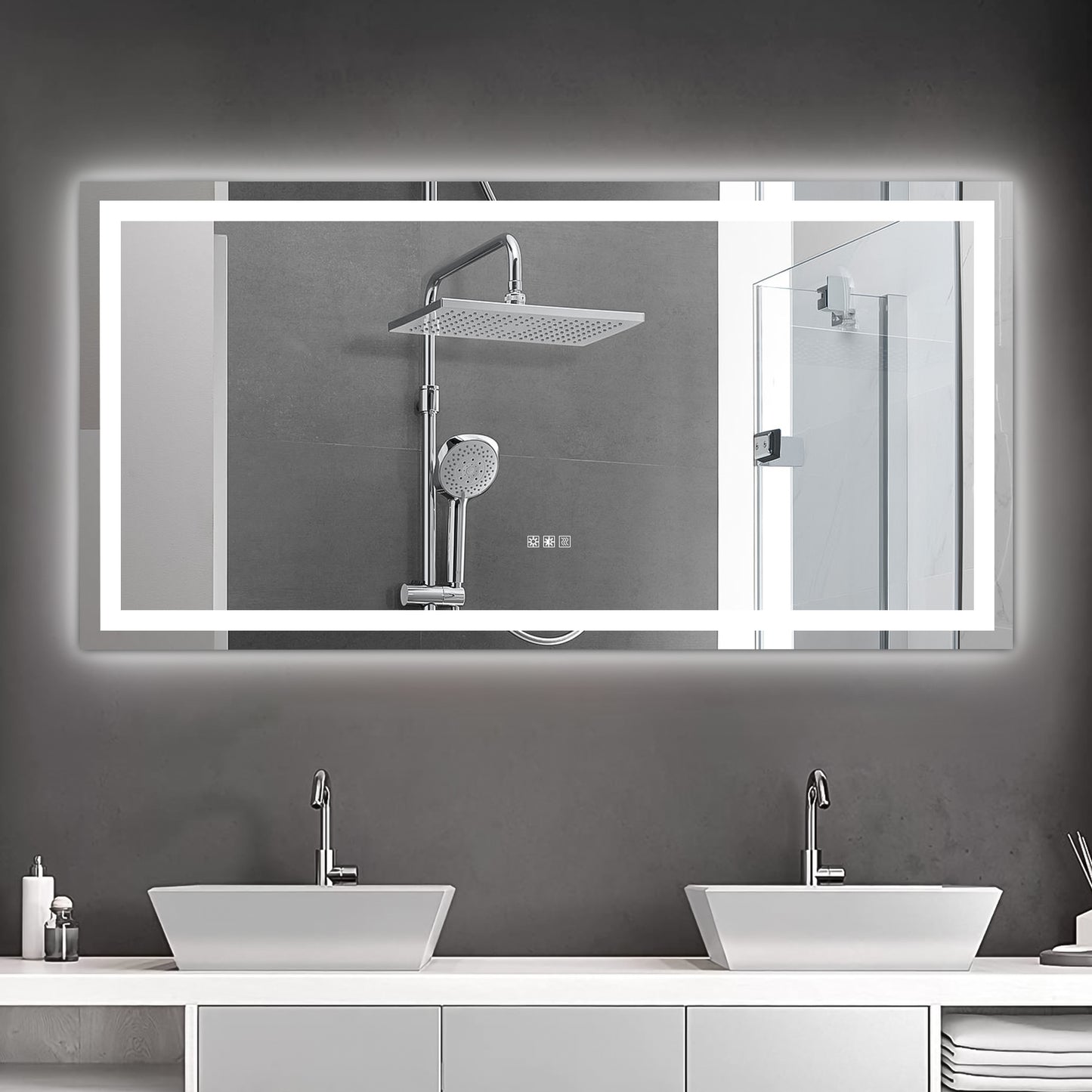 Rectangular LED bathroom mirror with integrated shower fixture chrome finish modern design