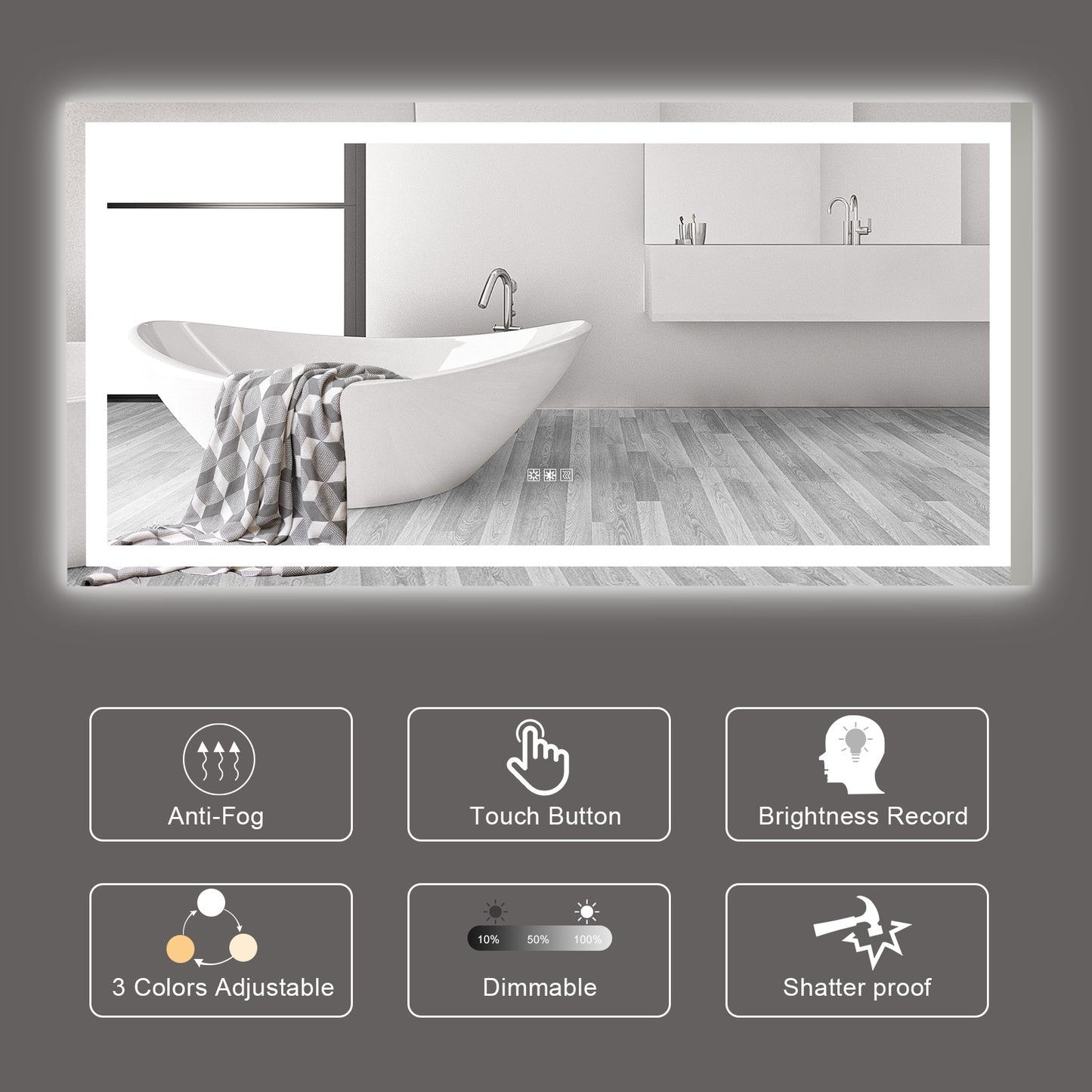 Modern LED bathroom mirror with antifog and adjustable color temperature