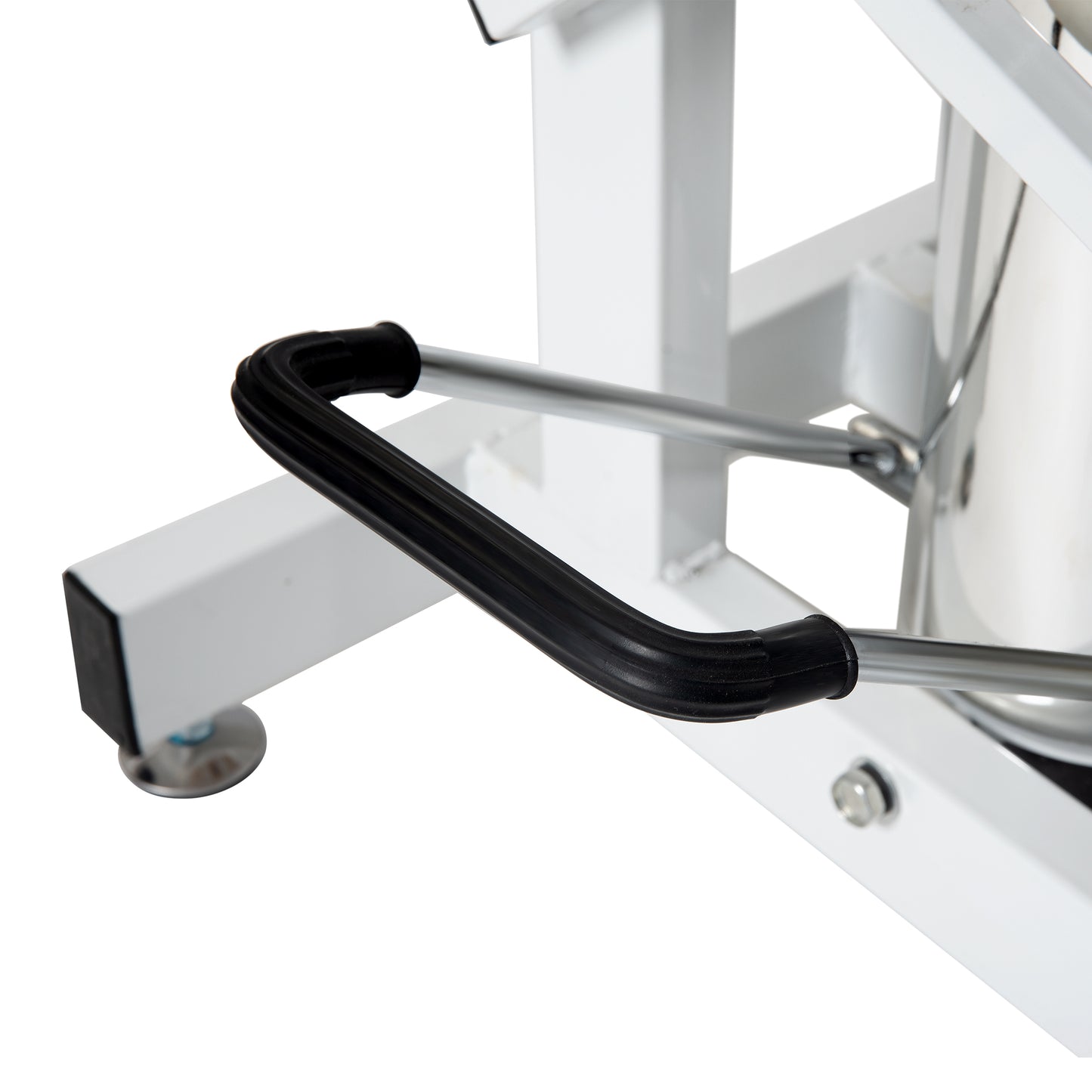 White metal exam table frame with black rubber grip handle and silver adjustable foot