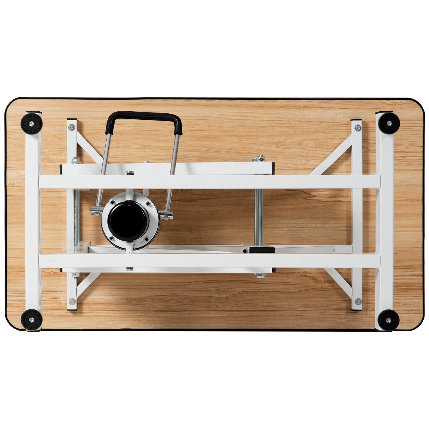 Wooden portable desk bottom with white metal legs and black adjustable feet