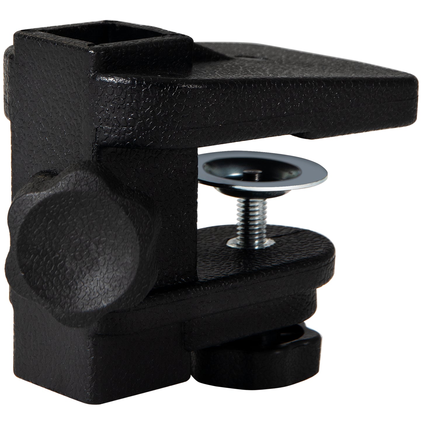 Black plastic table clamp with adjustable knob and metal screw versatile for various needs