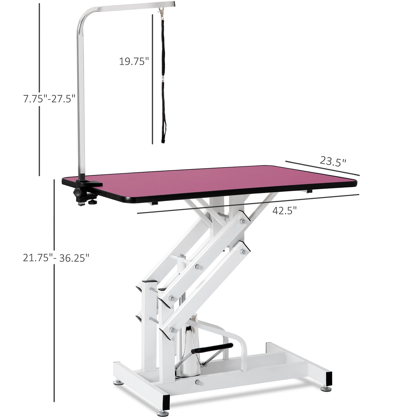 Adjustable pink grooming table with hydraulic lift and adjustable arm
