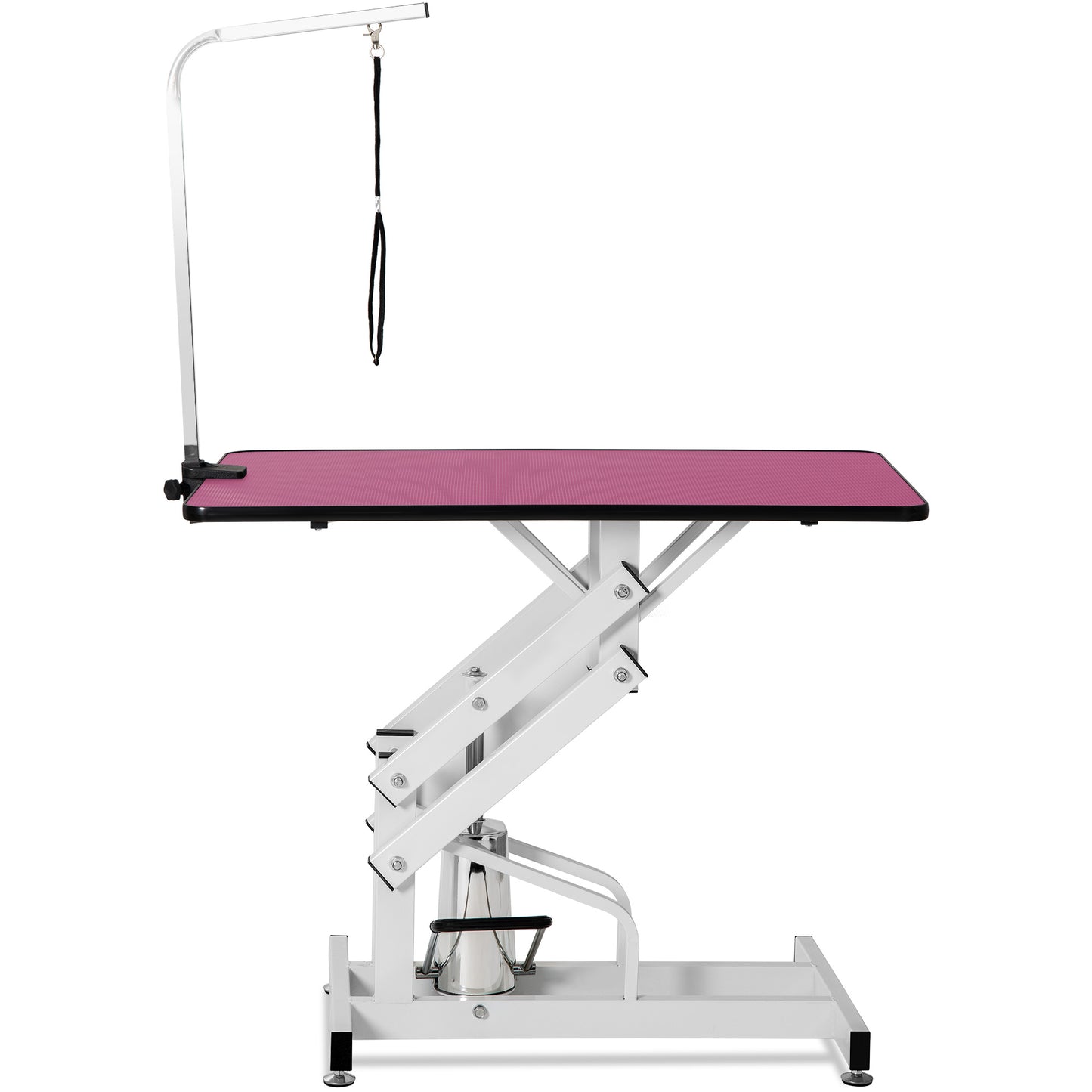 Pink grooming table with adjustable arm and restraint for pet care