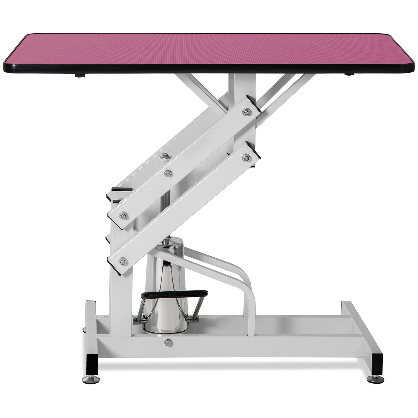 Pink textured pet grooming table with adjustable hydraulic lift black edge