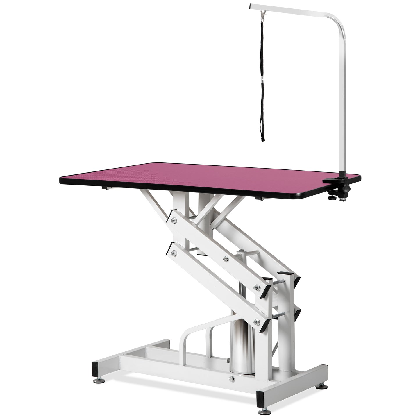 Adjustable pink grooming table with lifting mechanism and restraint arm