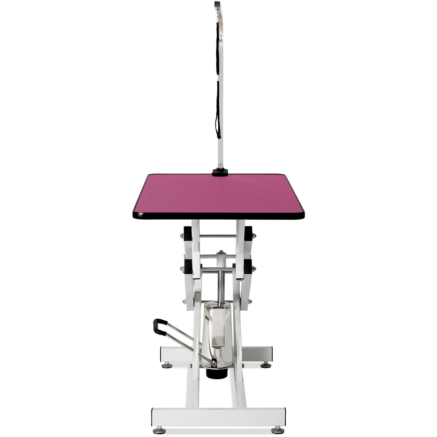 Pink grooming table with adjustable lift and arm for pet care