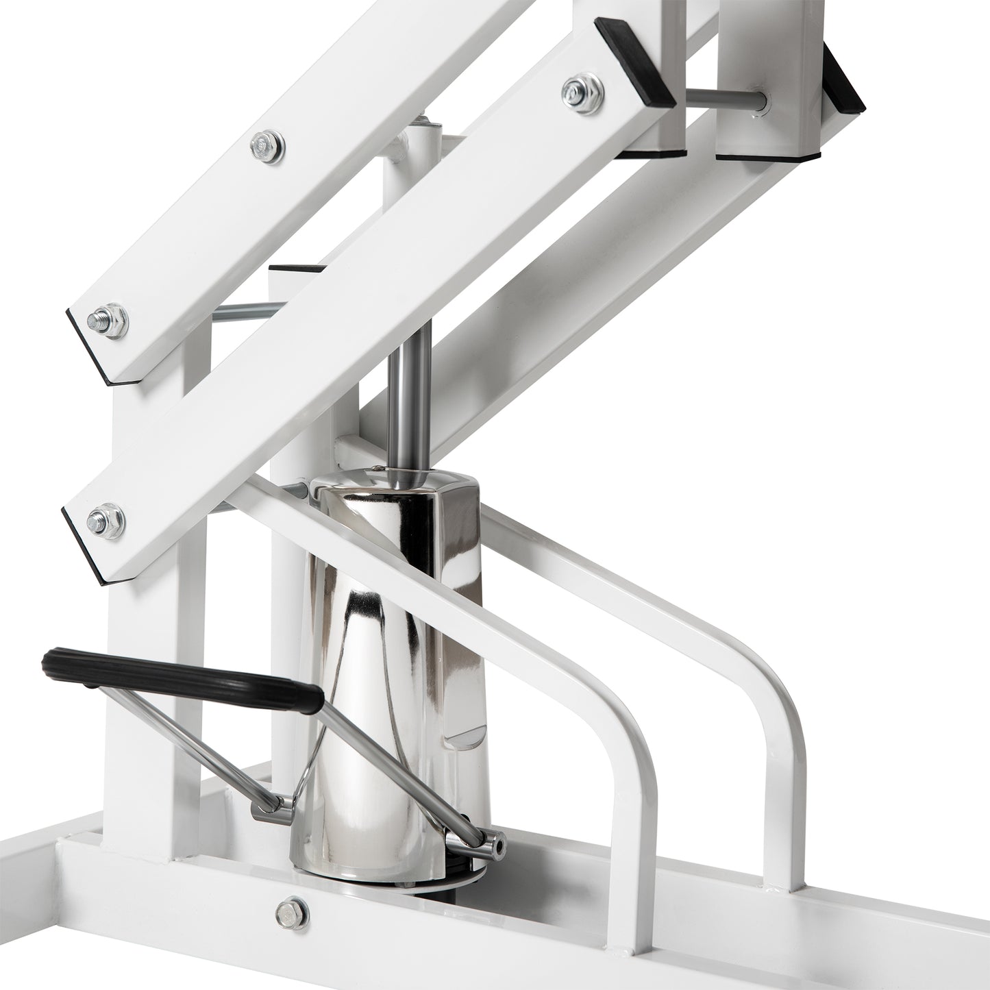 White hydraulic scissor lift mechanism with black handle for car maintenance